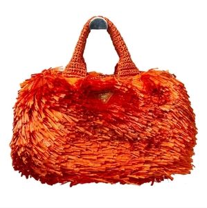 Prada Vintage Raffia Tote Bag in Orange and Gold